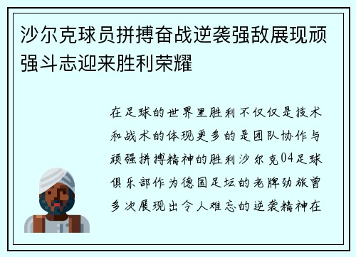 沙尔克球员拼搏奋战逆袭强敌展现顽强斗志迎来胜利荣耀