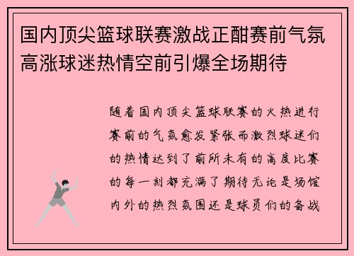 国内顶尖篮球联赛激战正酣赛前气氛高涨球迷热情空前引爆全场期待