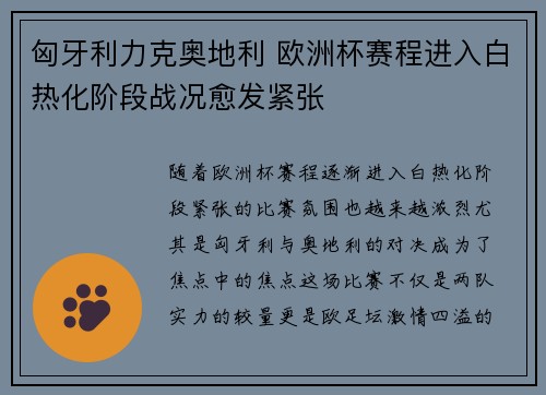 匈牙利力克奥地利 欧洲杯赛程进入白热化阶段战况愈发紧张